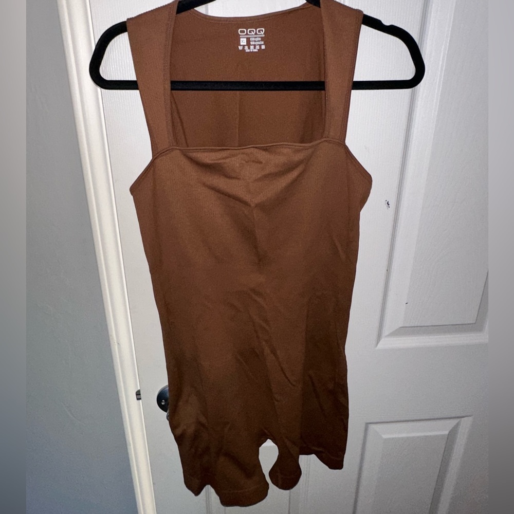 Brown Square-Neck Tank Top Ribbed Romper